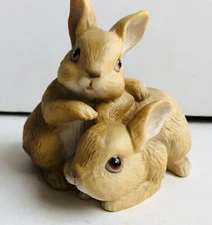 Vintage Figurine Of A Pair Darling Playful Brown Bunny Rabbits Homco