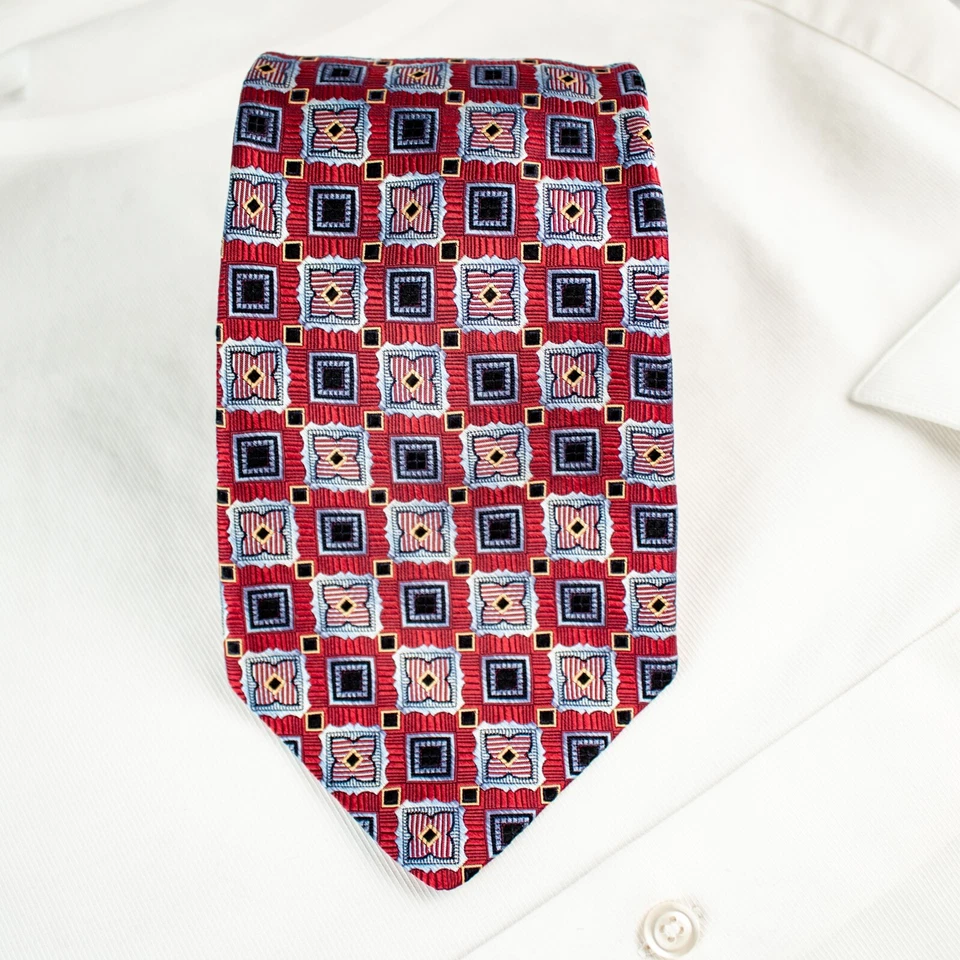 Corbata tejida de seda geométrica azul melón rojo robert talbot 57" l x 4" w Foto 2 de 4