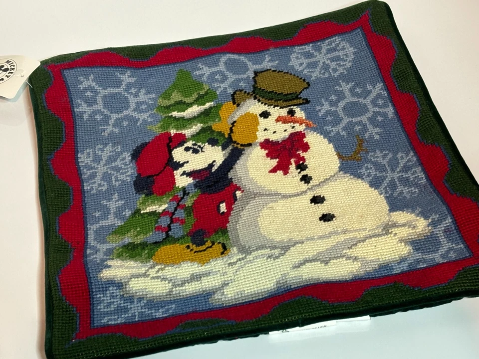 NWT Disney Wool Needlepoint Pillow Cover Christmas Mickey Mouse Snowman 14" - Image 3 of 4