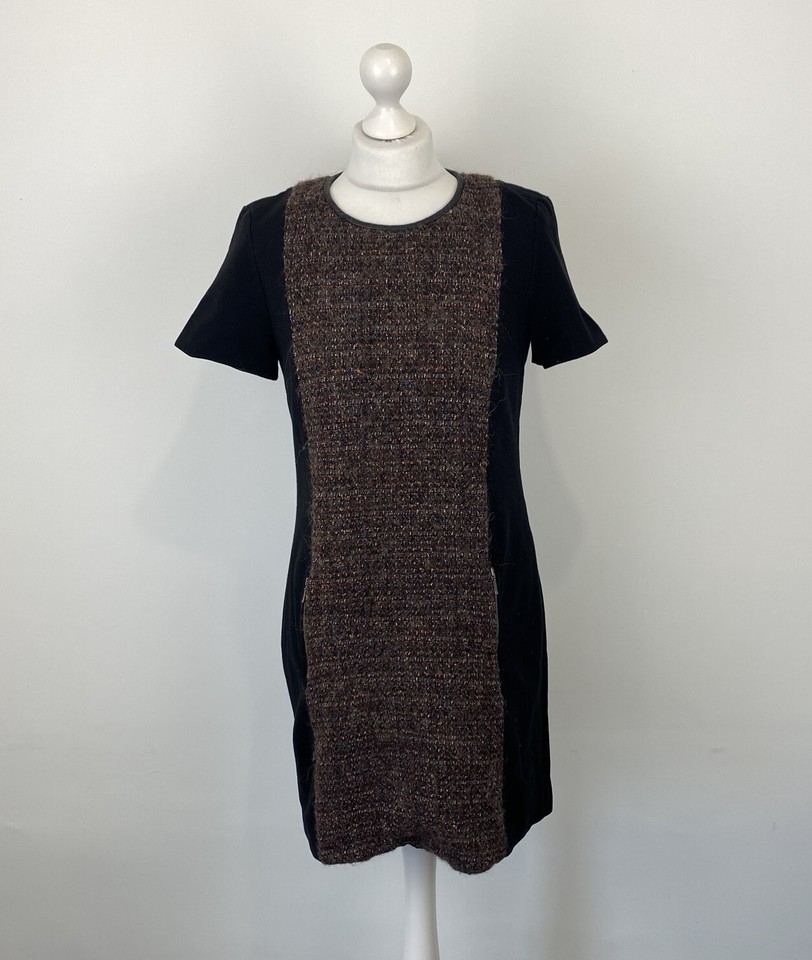 Jigsaw Shift Dress Tweed Front Panel Wool Alpaca Zip Pockets Sz 12 UK