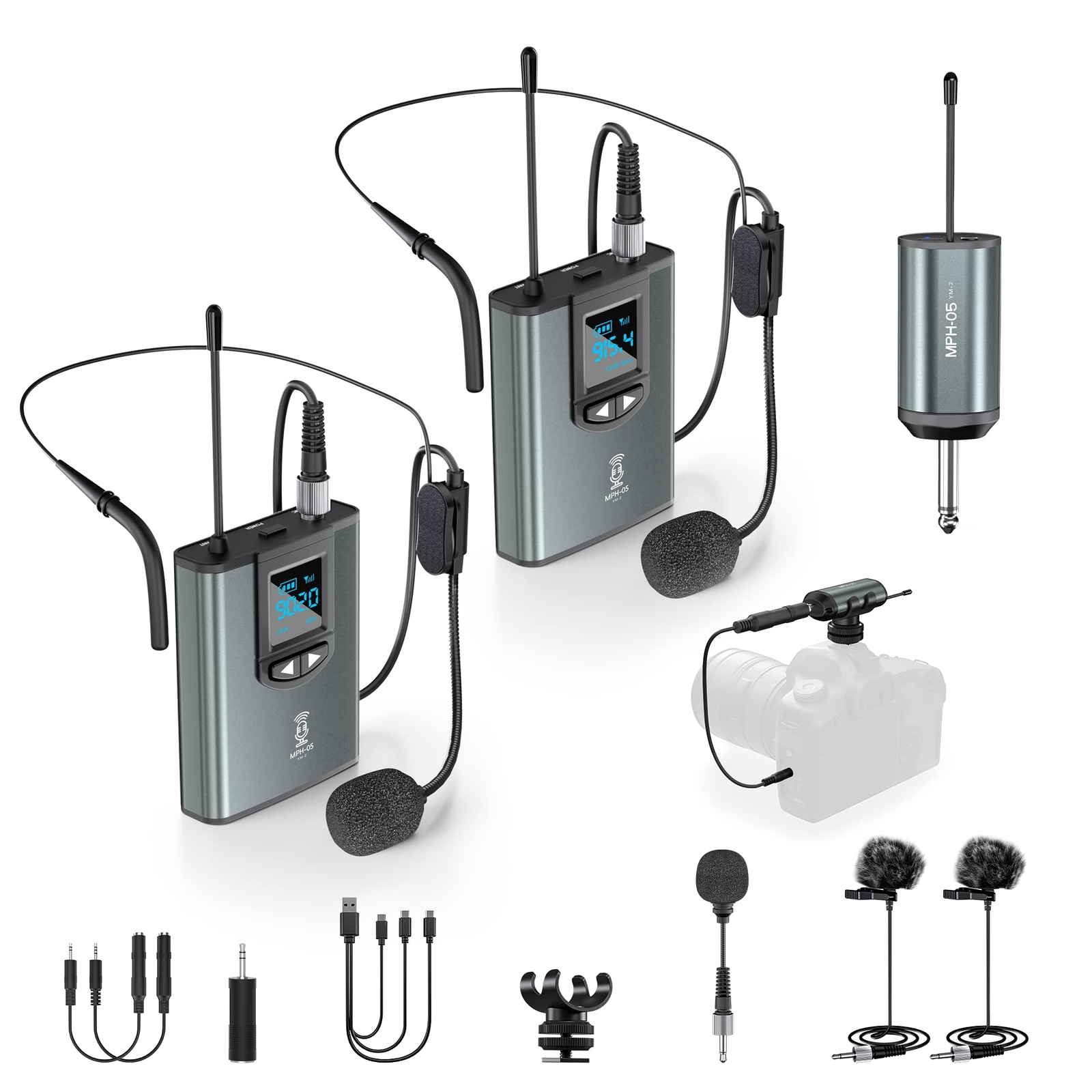 Dual Transmitter Wireless Microphone System with Lavalier and Headset Mic Receiver