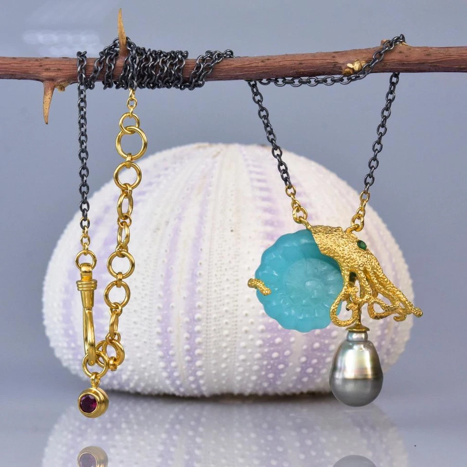 Halskette Nautilus Octopus Chalzedon Tahitische Pearl Gold Vermeil Sterling - Bild 3 von 4