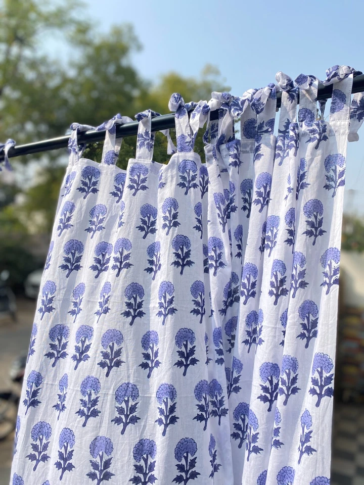 Juego de 2 cortinas estampadas de algodón indio con paneles de cortina de impresión de bloques de mano púrpura Foto 3 de 4