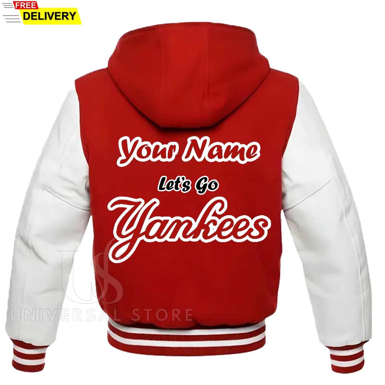 Custom Name NY Yankees Hooded Red Wool & White Leather Sleeves Varsity Jacket