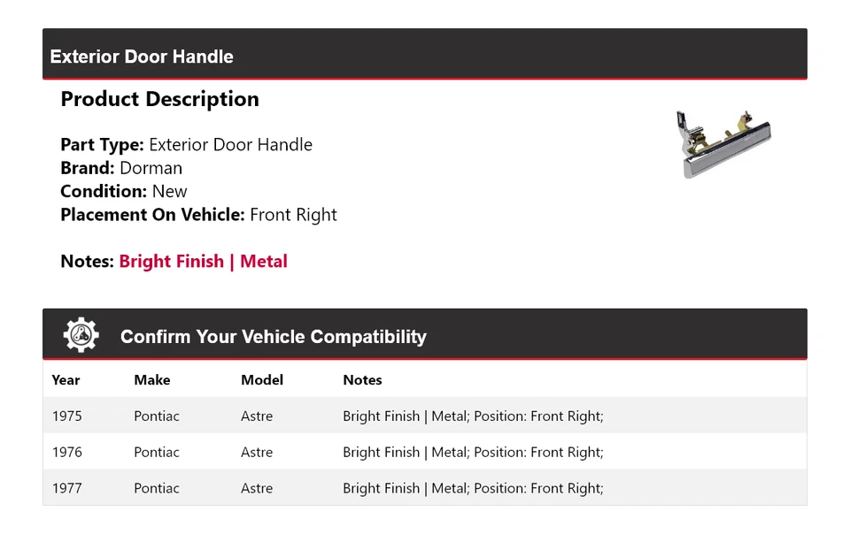 Manija de puerta exterior delantera derecha 1976 para Pontiac Astre Dorman 1975-1977 Foto 2 de 4