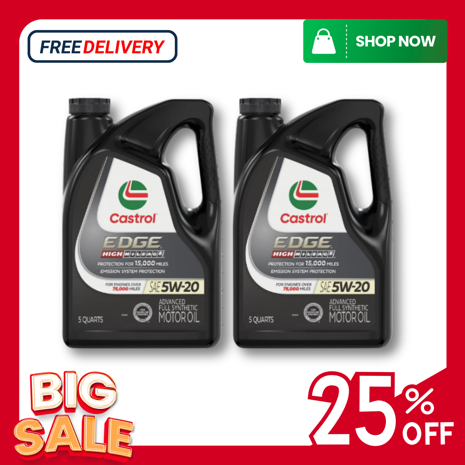 (2 pack) Castrol EDGE High Mileage 5W-20 Advanced Full Synthetic Motor Oil, 5 Qt