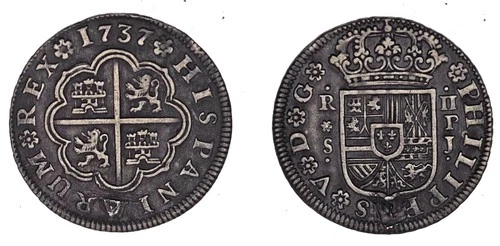 2 REAL SILVER / SILVER. PHILIP V SEVILLE - FELIPE V SEVILLA. 1737. XF / EBC.