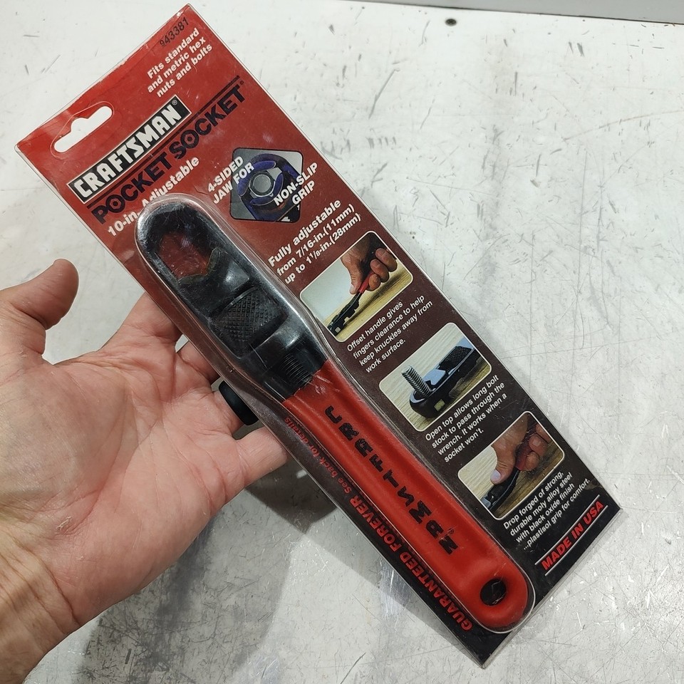 A new-old-stock USA-made Craftsman adjustable wrench in open box — dead-stock American-made Craftsman is genuinely hard to find and actually better than what's sold today.