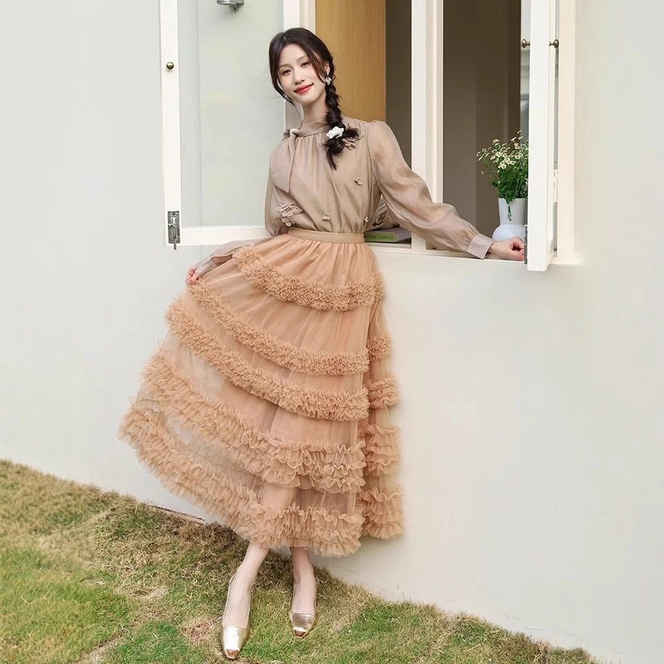 Vestido de hadas de malla empalme de encaje multicapa cintura alta color liso falda línea A Foto 2 de 4