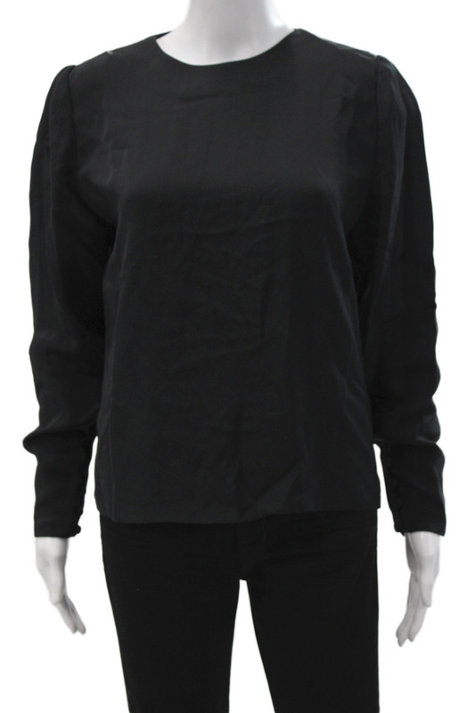 Bette Wacht Womens Basic Silk Blouse Black Long Sleeve Round Neck Zip Size M