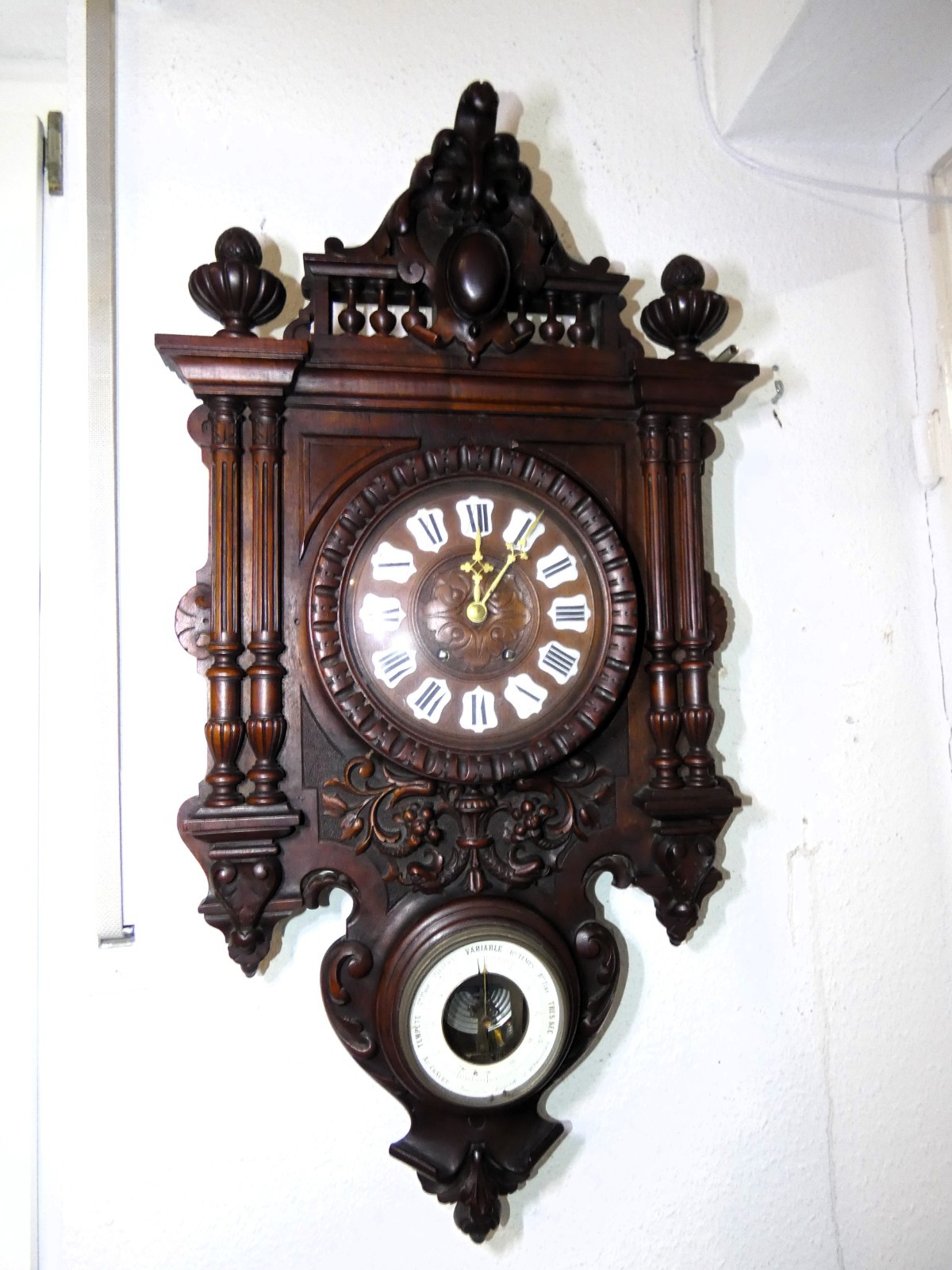 5B213 Giant French Antique Wall Clock With Barometer - Great Carving - 100CmH