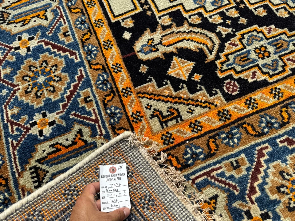 9x12 NAVY BLUE WOOL RUG HANDMADE HERIZ handwoven geometric Hand-knotted gold new - Image 3 of 4