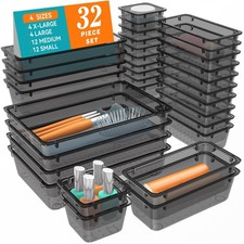 32 PCS Clear Plastic Drawer Organizer Set, 4 Sizes Desk Drawer Organization a...