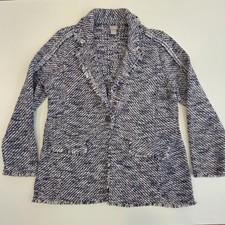 Chico's Women's Boucle Tweed Blue Blazer Cotton Blend Raw Edge Size 2