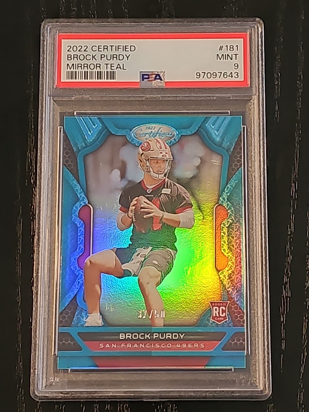 2022 Panini Certified Brock Purdy Mirror Teal Rookie /50 PSA 9 Mint #181 RC