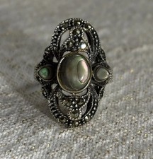 Vintage Abalone And Marcasites Ring 925 Sterling Silver