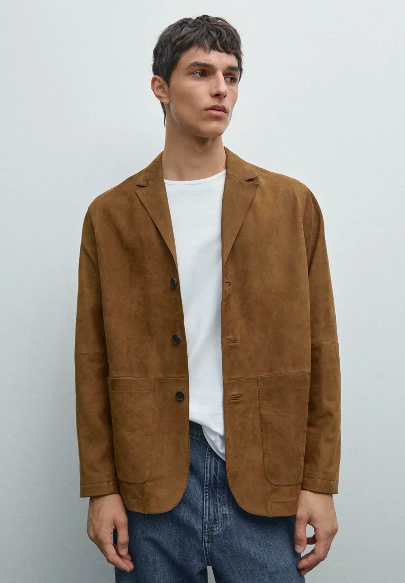 Brown Leather Blazer Men Pure Suede Coat Jacket 3 Button Size S M L XL XXL 3XL