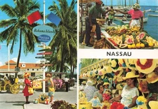 Postcard Bahamas Nassau Rawson Square Signpost Market Hats Caribbean Island