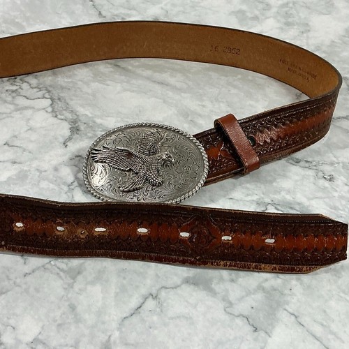 Vintage Argent Aigle Ceinture Boucle Avec 42 " Travaillé Cuir Ceinture - Photo 4 sur 12