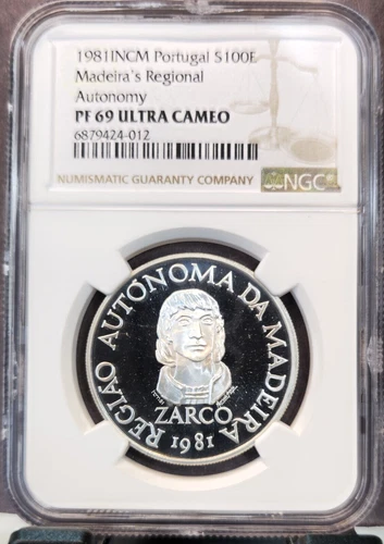 1981 PORTUGAL SILVER 100 ESCUDOS AUTONOMY NGC PF 69 ULTRA CAMEO RARE TOP POP 1