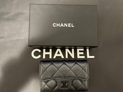 Chanel 23B Matte Black Lambskin Flap Card Case Holder Wallet