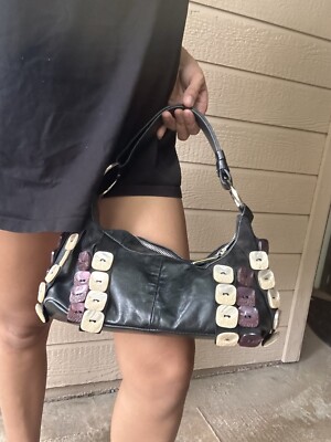 Vintage Guidit Black Leather Purse With Button Fringe Accent