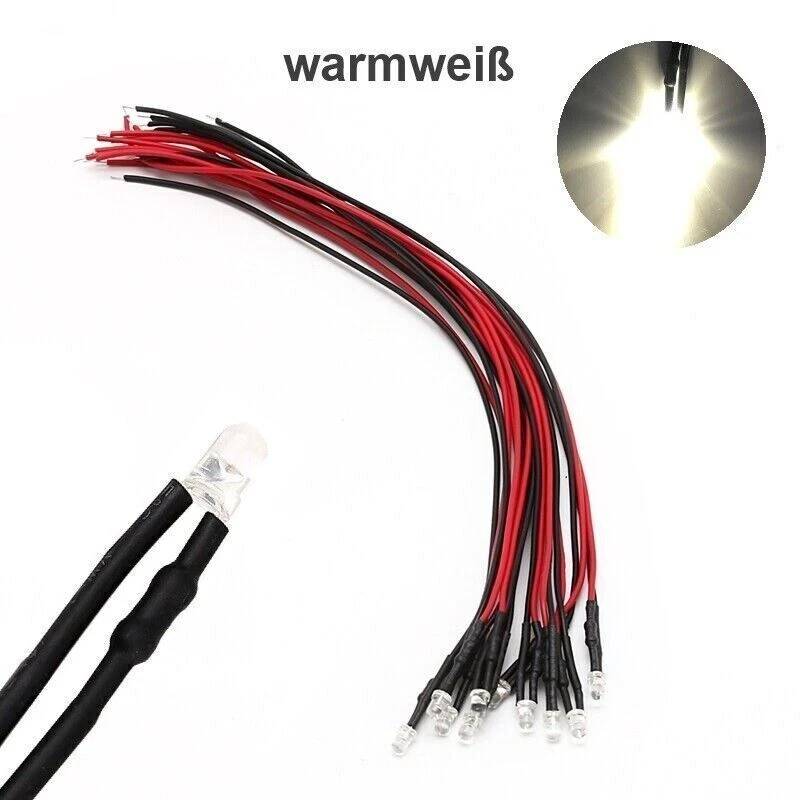 LED 3mm warmweiß kalt weiß 12V 14 16 19V mit Widerstand Kabel angelötet 10 Stück - Bild 3 von 4