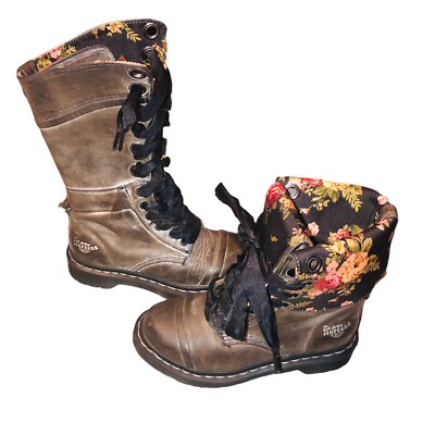 Martens Womens Triumph 1914 Boots Gray Floral Leather Lace Up Size 