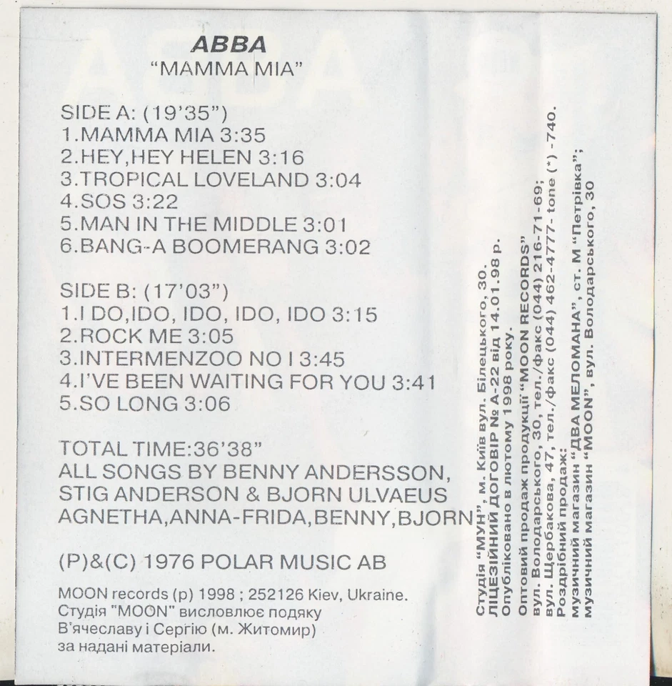 ABBA mamma mia 1976 1998 Ukraine Cassette NM Foto 3 de 4