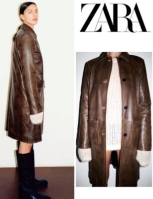 ZARA ZW LEATHER COLLECTION LONG POCKET BROWN REAL LEATHER COAT L