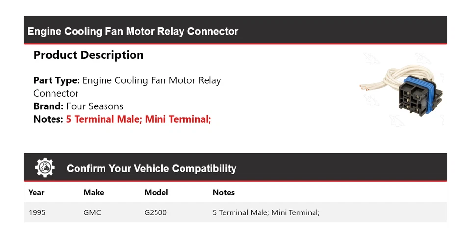 Разъем реле двигателя вентилятора охлаждения двигателя для 1995 GMC G2500 4 сезона - Изображение 2 из 4