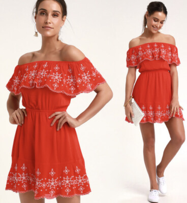 Lulus Layla Red Ruffle White Embroidered Skater Dress Size XS NEW | eBay