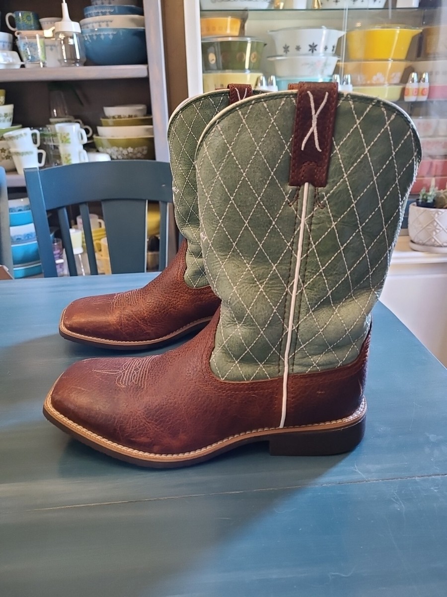 TWISTED X Brown & Green Cross Leather Cowboy Work Boots YCW002