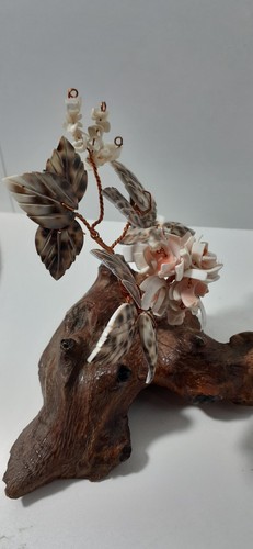 Bonsai Tree Cowrie Shell Copper Wired On Tree Stump Base Handmade Sculpture Art - Bild 7 von 9