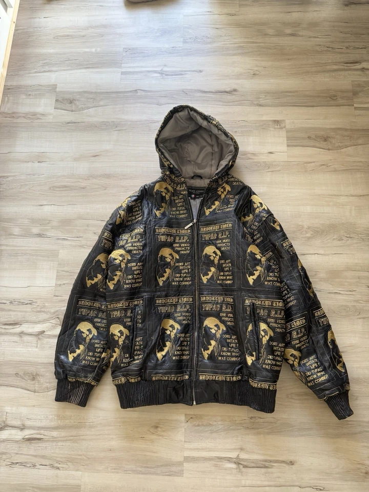 复古 Tupac Shakur Marc Andre 黑色刺绣皮革连帽夹克 4XL 罕见 — 第 2/4 张图片