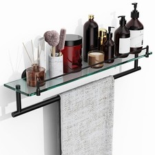 Towel Rack with Tempered Glass Shelf for Bathroom 24 Inch, Matte Black Towel ...