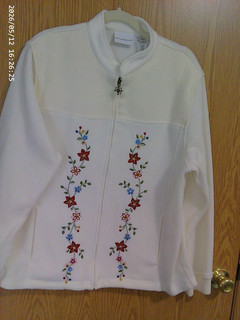 VTG Alfred Dunner Cream Fleece Jacket W/Ribbed Knit Accents & Embroidery Size M