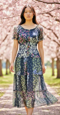 Lapis Anthropologie NEW! floral smocked waist summer midi dress sz M cottagecore