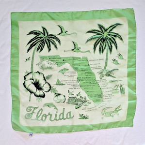 Vintage Florida Souvenir Scarf Map Hibiscus Palms Alligator Green Chiffon Japan