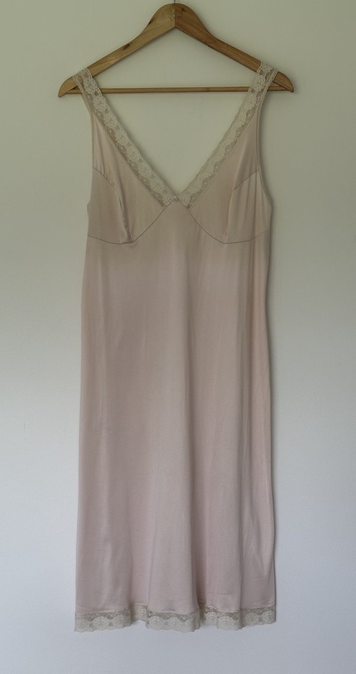 Vintage 80’s Fairycore Empire Waist Satin Lace Lingerie Midi Slip Dress Size L
