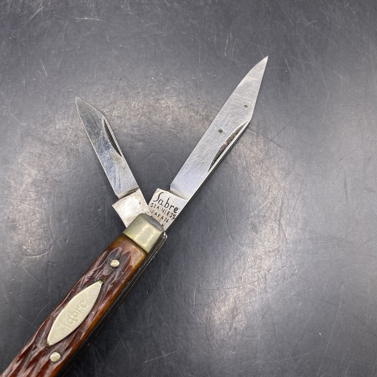ヴィンテージナイフ(vintage knife) 2本セット Vintage Pocket Folding Knife Sabre Japan 2 Blade Brown Handle Good