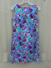 CDC Asymmetrical Blue Purple Floral Vintage Sheath Dress Size 8 Cotton Spandex