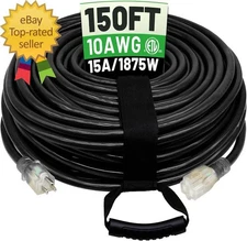 150 Ft 10/3 Black Outdoor Extension Cord Waterproof Heavy Duty 10 Gauge 3 Prong,
