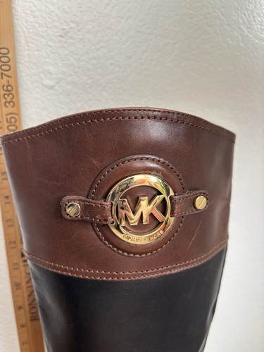 Michael Kors Tall Riding Boots Brown Black Gold Medallion High Leather Women 8 M - Picture 5 of 19