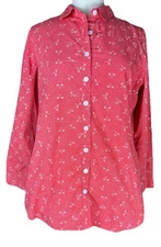 Tulip (Sz S) Button Up Shirt Red White 100% Cotton Dragonflies Dots - OVERSIZED