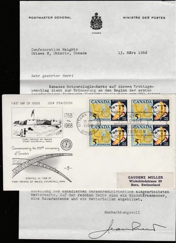 Canada to Switzerland 5c Hydrology Block REPLACEMENT or PRESENTATION FDC 1968