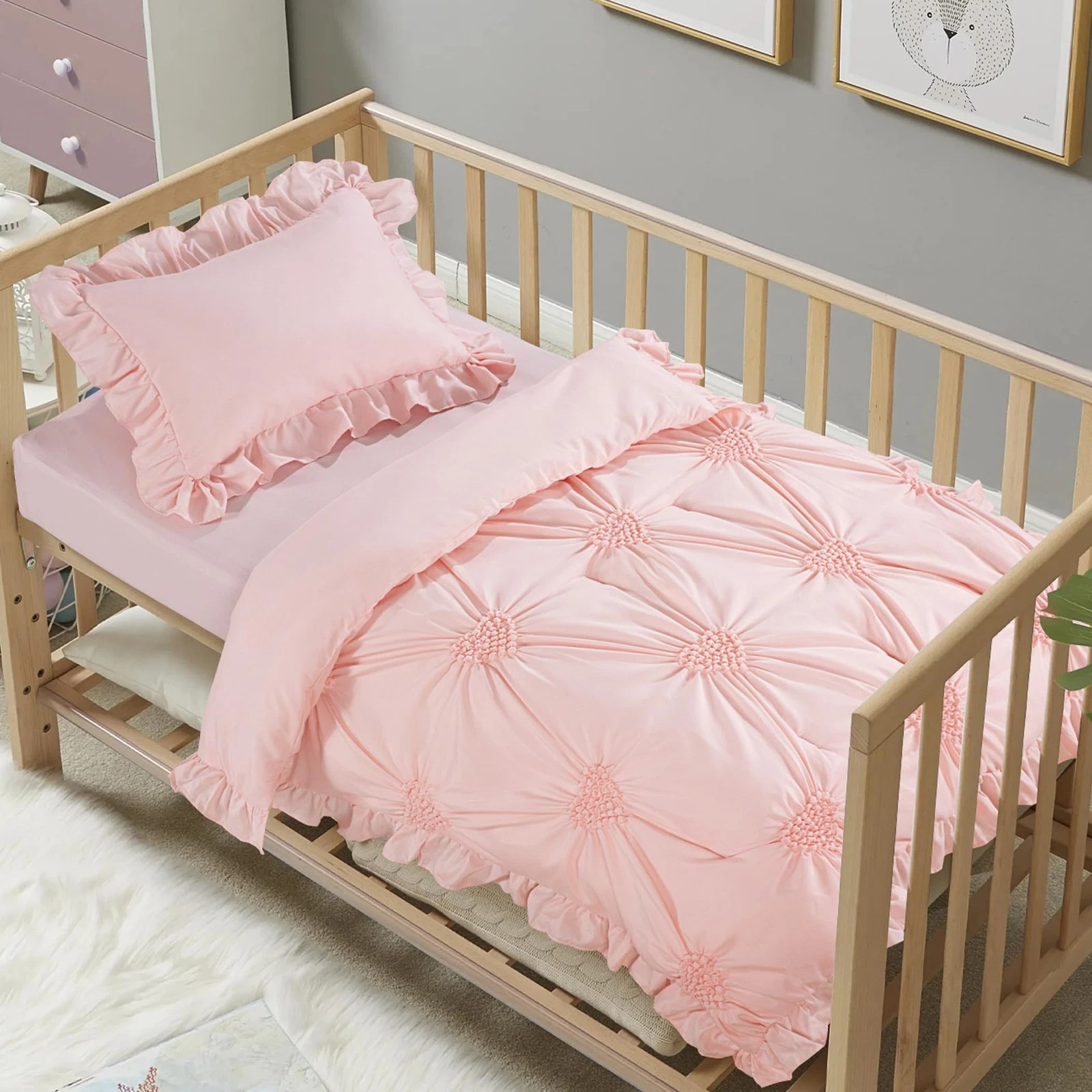 3 Pieces Princess Pink CribBedding Set for Baby Girls, Ultra Soft Blush Pinch...
