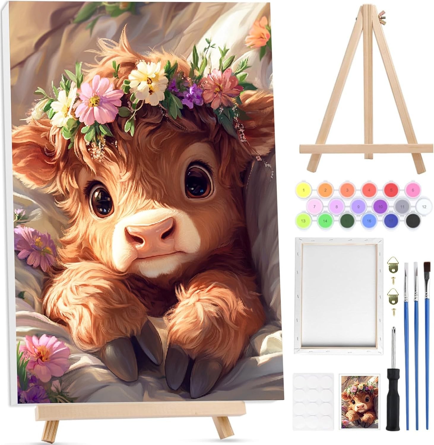 Bowetile Cow Paint by Numbers for Adults with Framed Canvas&Wooden Easel, Anima