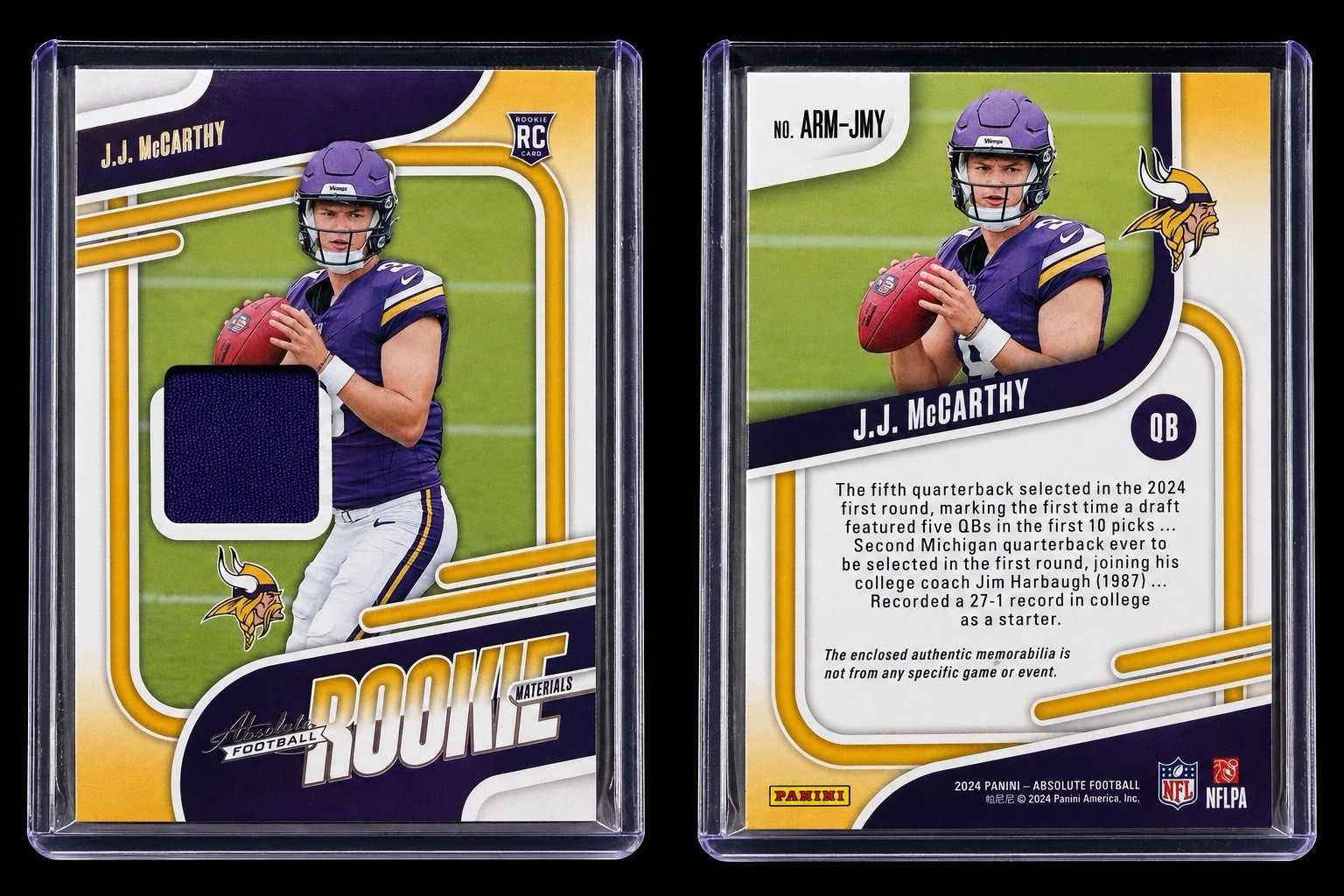 2024 Panini Absolute - Absolute Rookie Materials J.J. McCarthy #ARM-JMY (MEM, RC