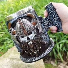 Image of Viking Beer Coffee Mug 550ml Horn Nordic Stainless Steel Beer Skull Tankard Cup